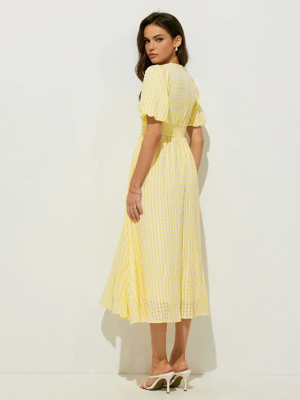 New Arrivals Plaid Pattern Puff Sleeve V-Neck Midi Dress