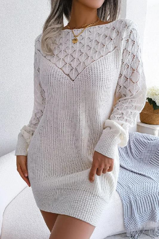 Vintage Inspired Fashion Sale Comfy Long Sleeve Pointelle Crochet Knit Winter Sweater Mini Dress - White