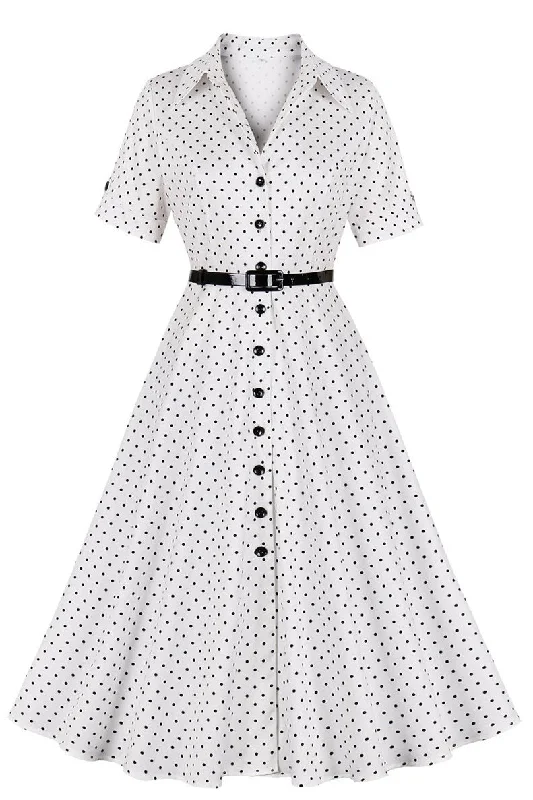 Women's Clothing Sale Online 1950s White Polka Dot Lapel Midi Dress with Belt