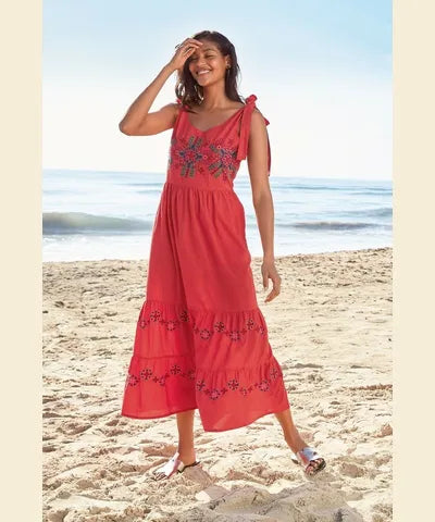 Holiday Glam Red Embroidered Maxi Dress