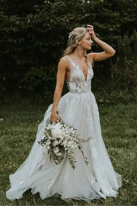 Runway Inspired Wear Roycebridal See Through Tulle V-neck Lace Ivory V-back Beach Wedding Dresses,MW329