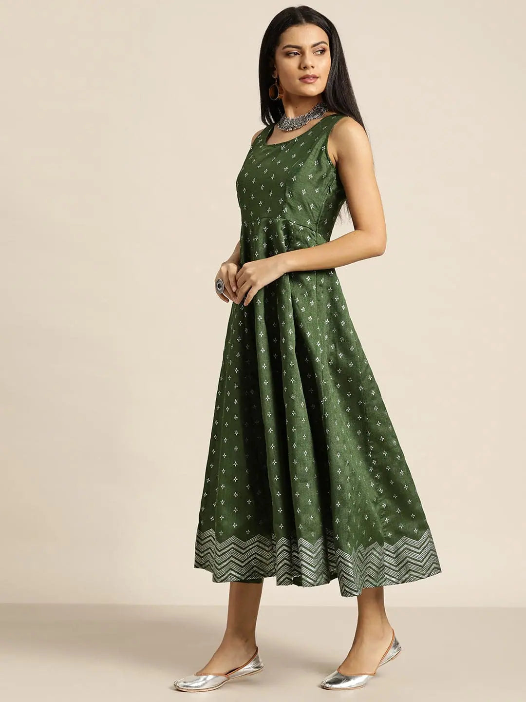 Eclectic Style Wardrobe Dark Green Silver Foil Print Anarkali Maxi Dress