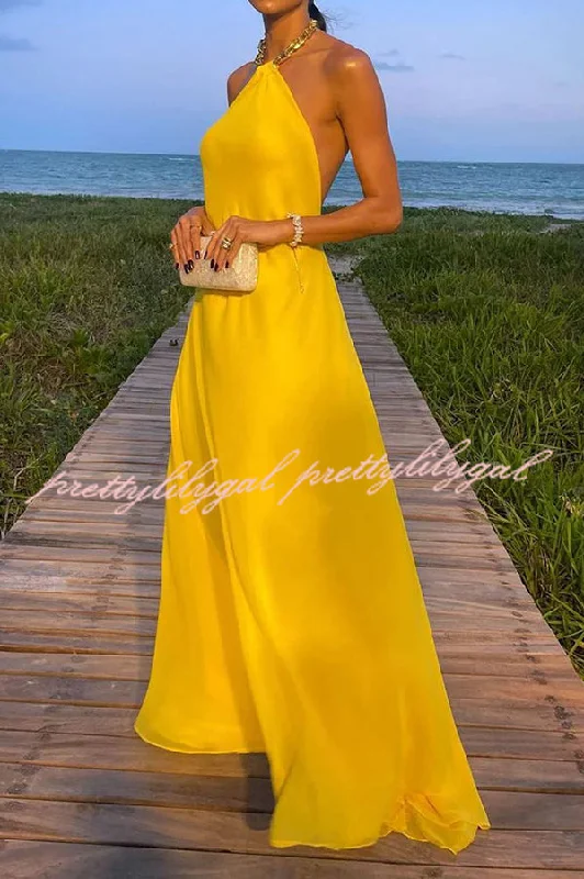 Casual Chic Clothing Sunny in Santorini Metal Chain Halter Backless A-line Vacation Maxi Dress