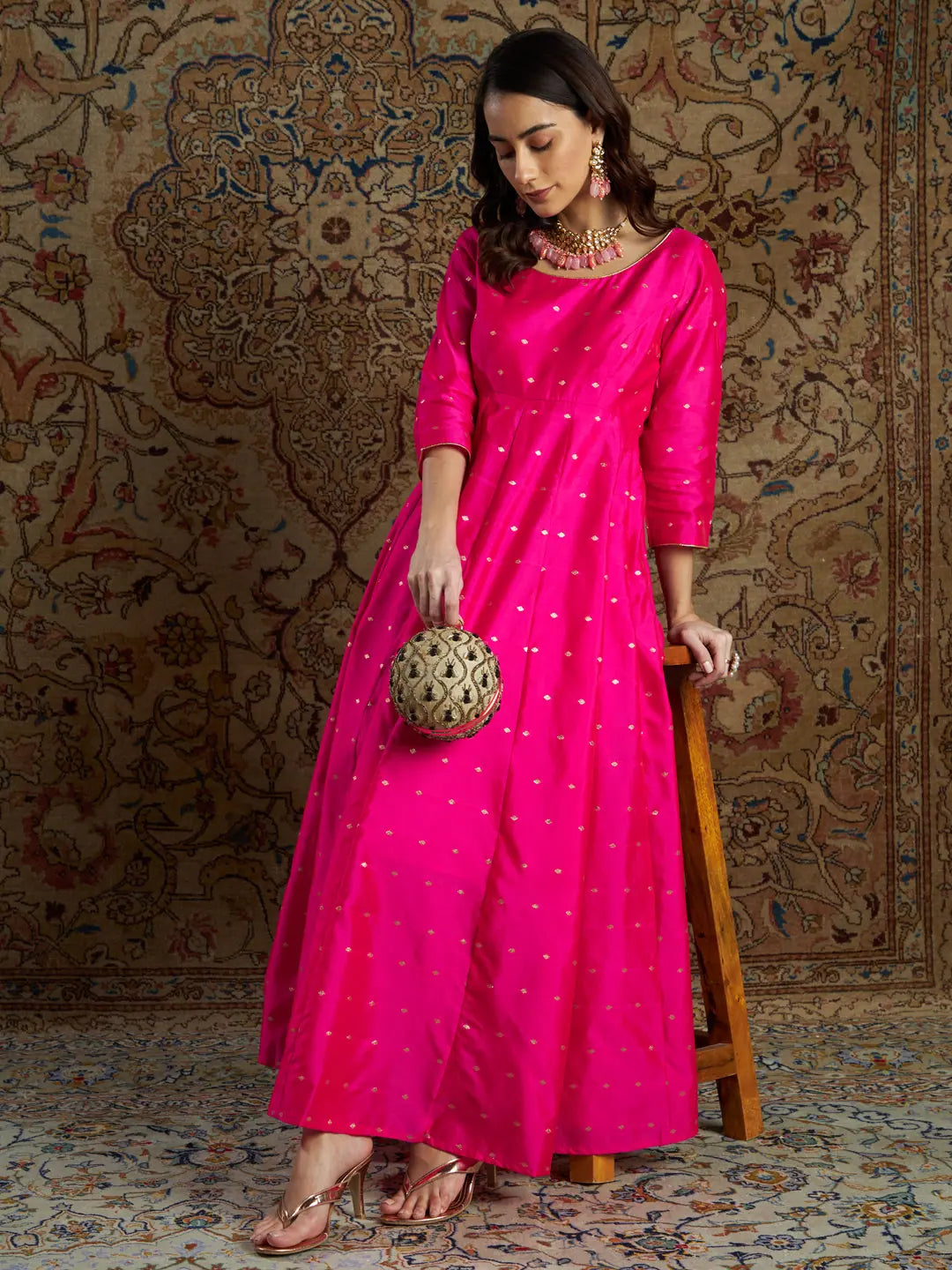 Versatile Wardrobe Essentials Women Fuchsia Jacquard Anarkali Maxi Dress