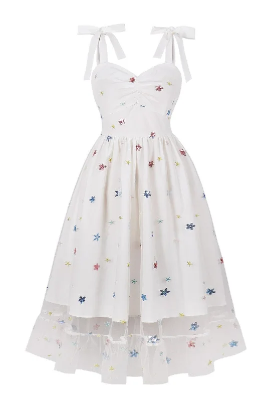 Discount Store White Sequin Embroidered Bow Strap Vintage Midi Dress