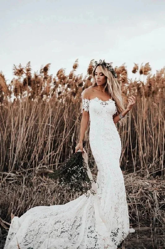 Flash Sale, Don't Miss Roycebridal Rustic Mermaid Lace Ivory Wedding Dresses Illusion Neckline Beach Wedding Dress,MW488