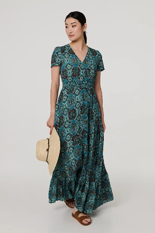 Embrace New Fashion Mosaic Print Short Sleeve Smock Maxi Dress