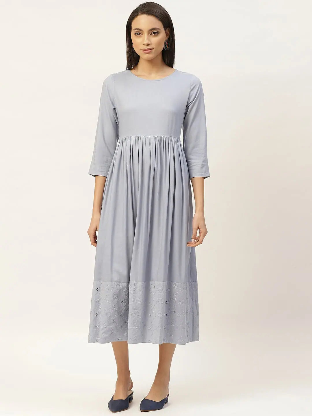 Elegant Attire For The Modern Lady Grey Schiffli Gathered Midi Dress