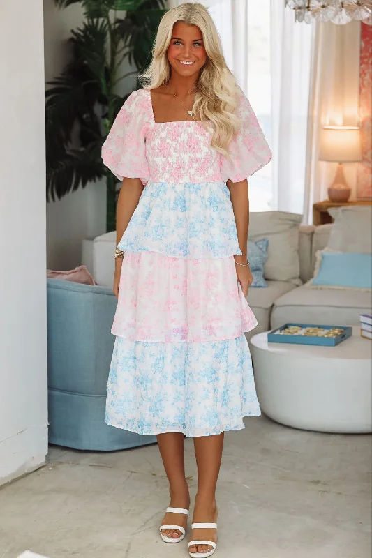 Hot Trends Headed to Charleston Midi Dress - Pink and Blue