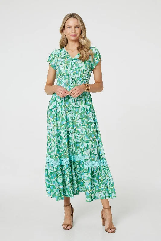 Bid Farewell To The Old Season Leaf Print Lace Trim Maxi Dress