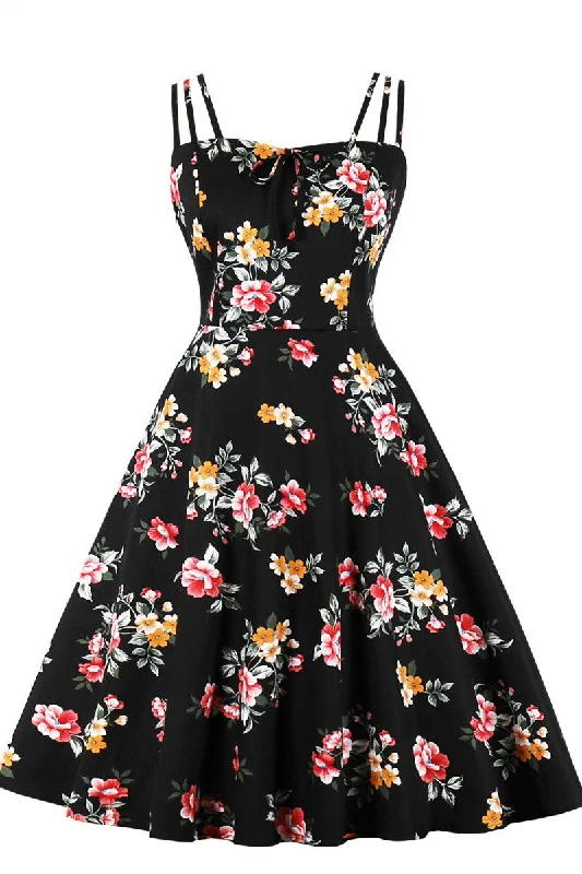 Best Clearance Sales Right Now Black Print Spaghetti Strap A-Line Midi Dress