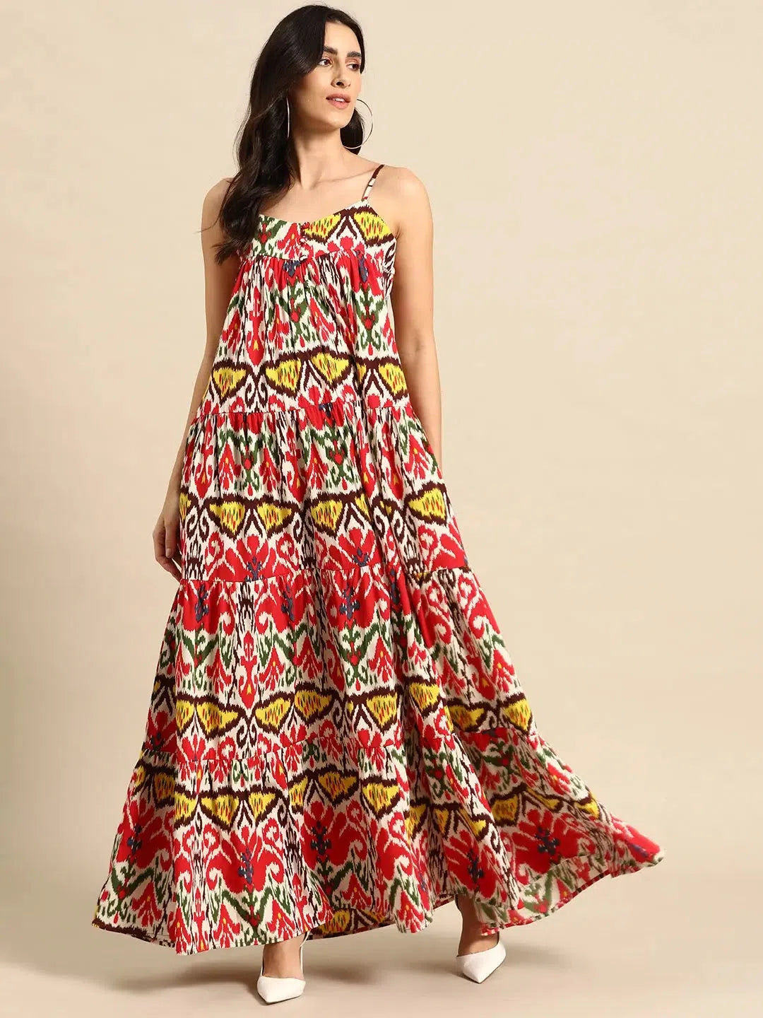 Wardrobe Upgrade Tiered maxi Dress in Red and Cream Ikkat Print