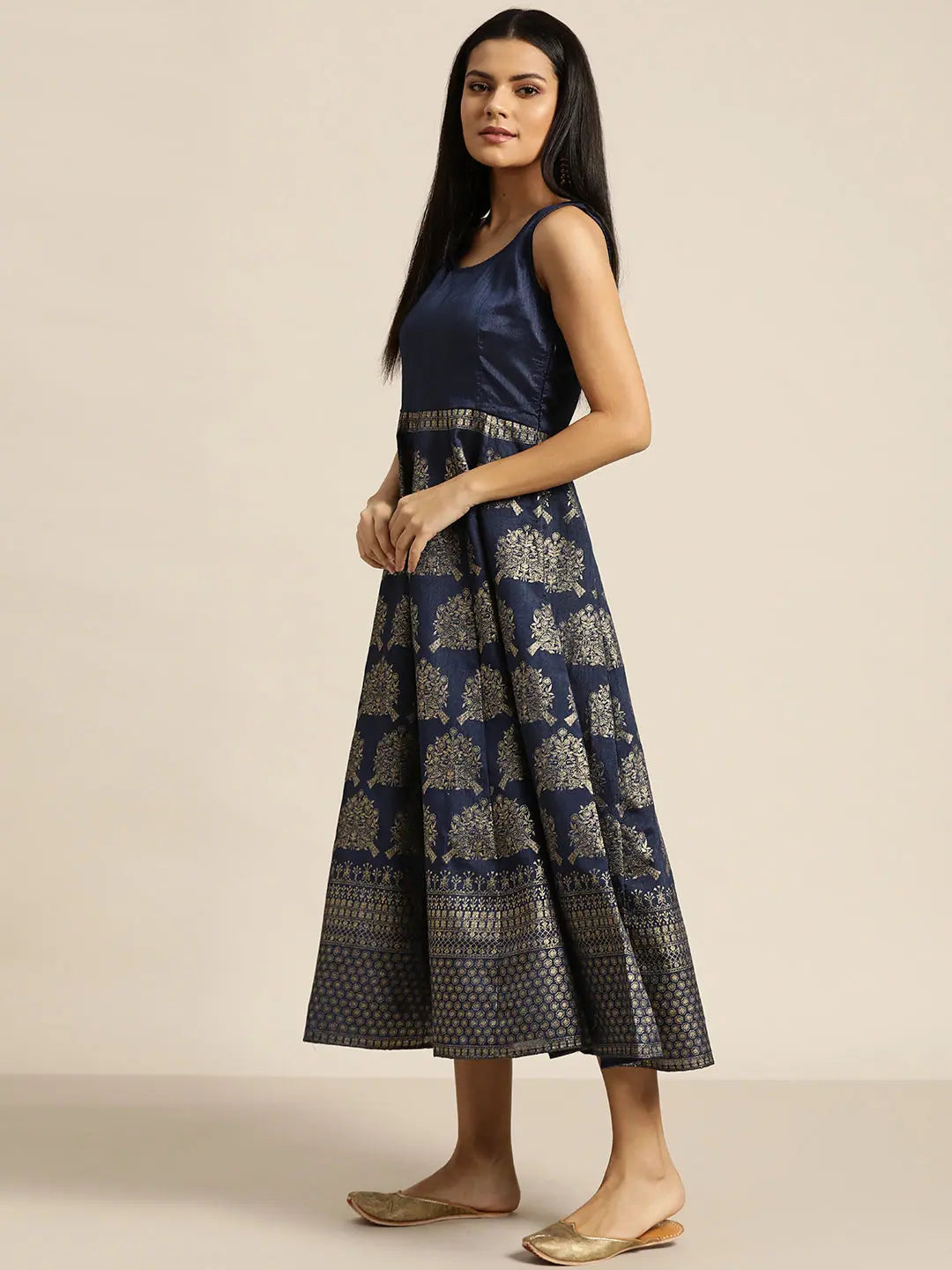 Trendy Urban Attire Navy Foil Print Sleeveless Anarkali Maxi Dress