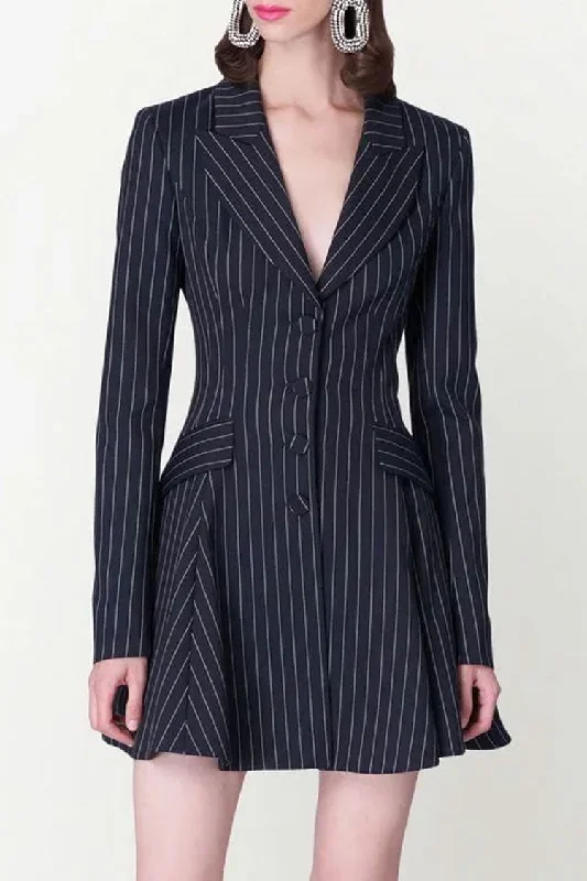 Best Clearance Sales Right Now Classic Lapel Button Front Fit & Flare Striped Blazer Mini Dress - Navy Blue