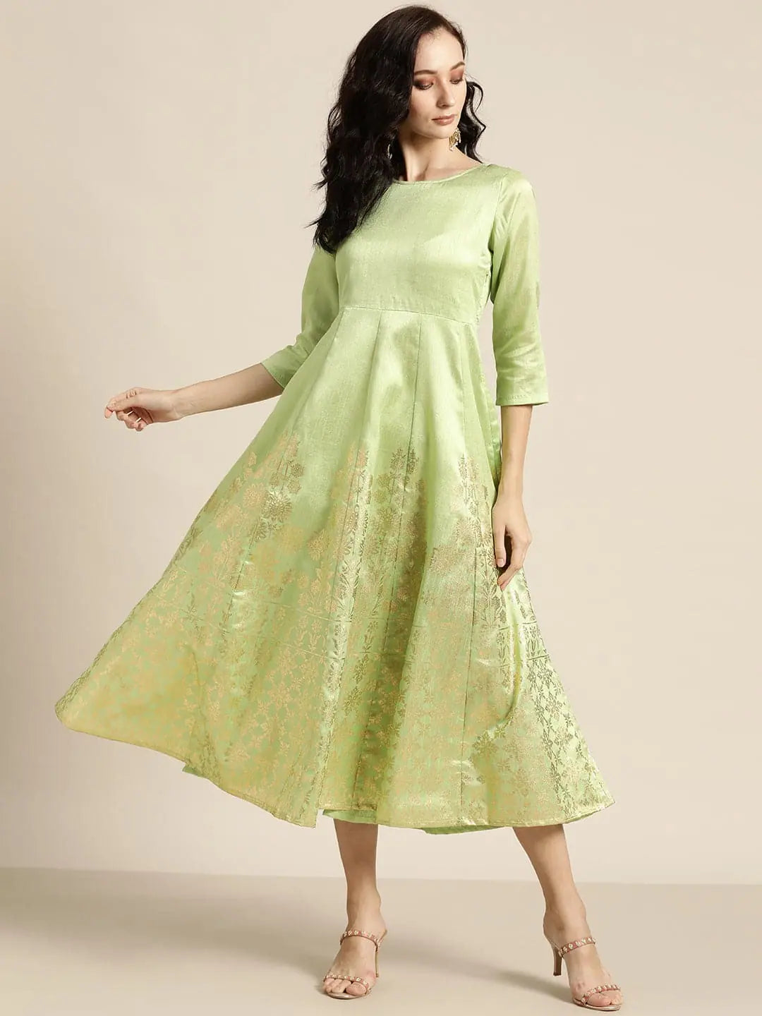 Effortless Chic Apparel Mint Green Foil Print Anarkali Maxi Dress