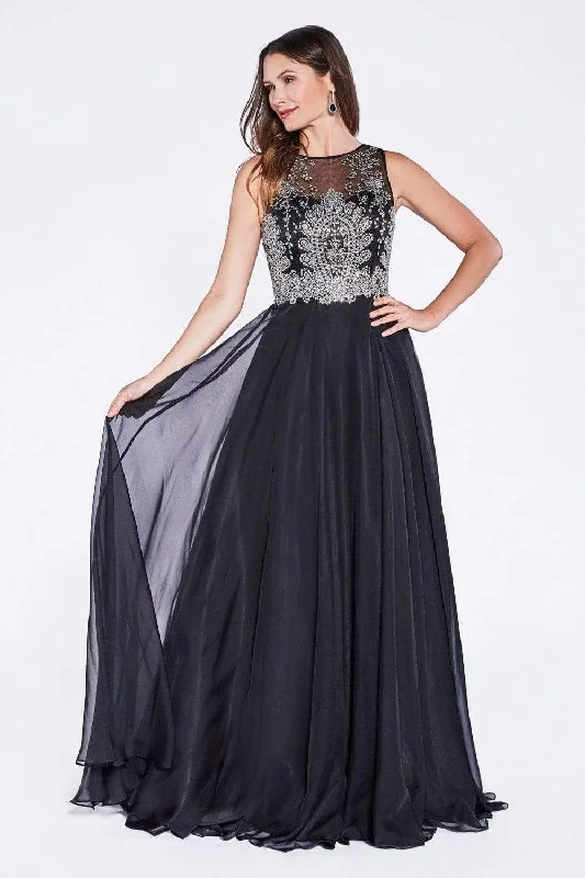 High Street Women’s Fashion for Trendy Shoppers Cinderella Divine - Sleeveless Illusion Metallic Appliqued A-Line Gown