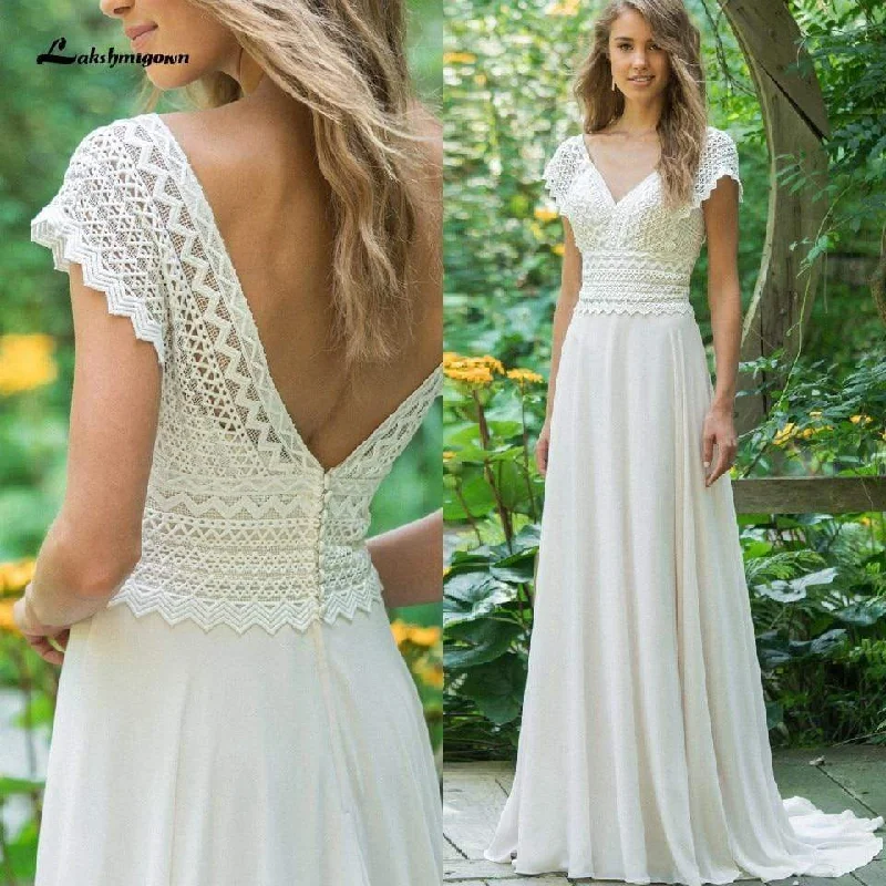 Casual Chic Roycebridal Sexy V Neck Chiffon Beach Wedding Dresses Lace Court Train