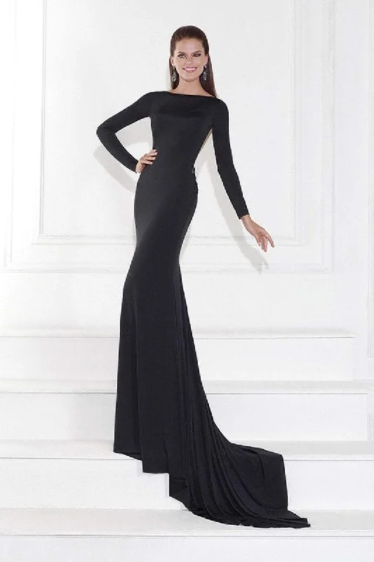 Dive Into Trendy Women's Fashion Tarik Ediz - 92594 Embellished Bateau Neck Long Sleeve Gown - 1 pc Black In Size 2 Available