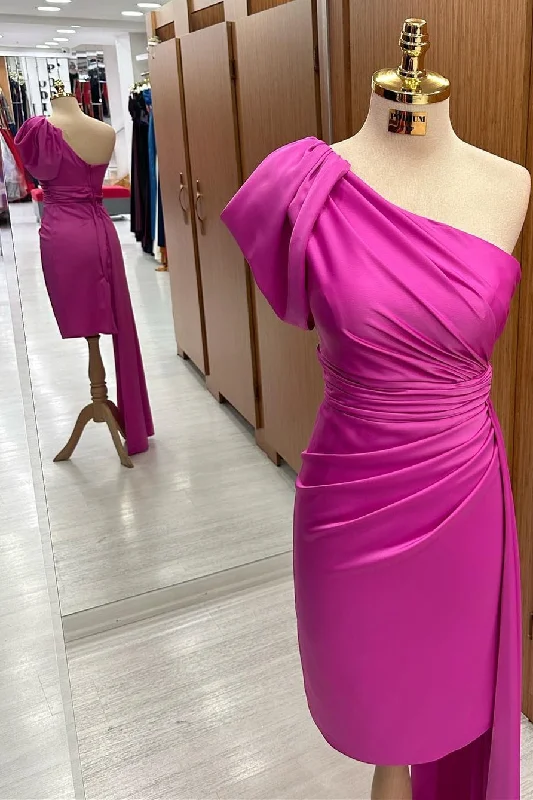 Sales Clothes Fuchsia One-Shoulder Ruched Midi Dress with Attached Train