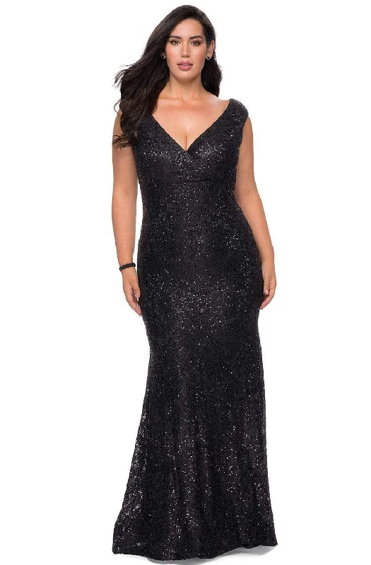 Stay Ahead In Style La Femme - 28837 V Neck Rhinestone Beaded Full Lace Simple Prom Gown