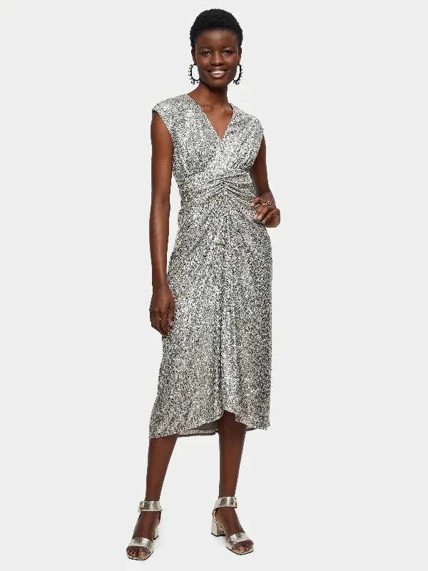 Timeless Elegance Redefined Sequin Ruched Midi Dress | Pewter