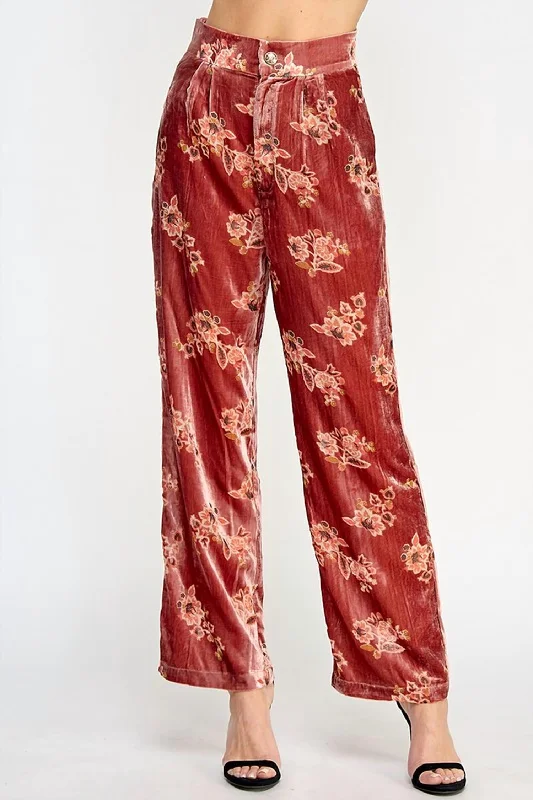 Hot Sale Women's Floral Velvet Trousers In Red