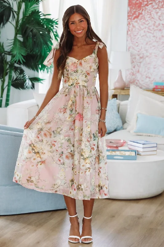 Evening Elegance Keep the Flowers Midi Dress - Blush, Cream and Green