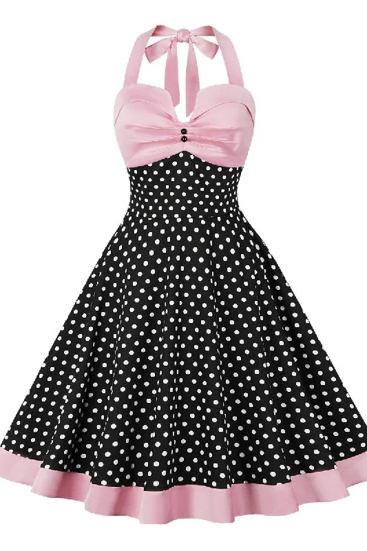 Trendy Online Boutiques Vintage Pink and Black Polka Dot Halter Midi Dress