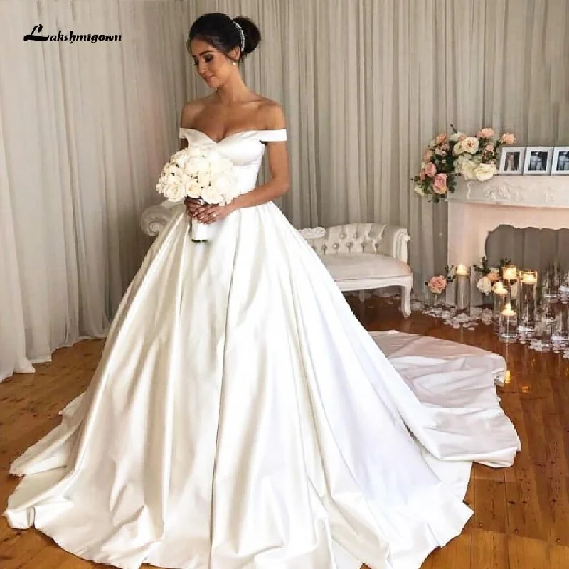 Redefining Women's Fashion Roycebridal Satin Bridal Gown Off Shoulder Wedding Dresses Lace Up Back