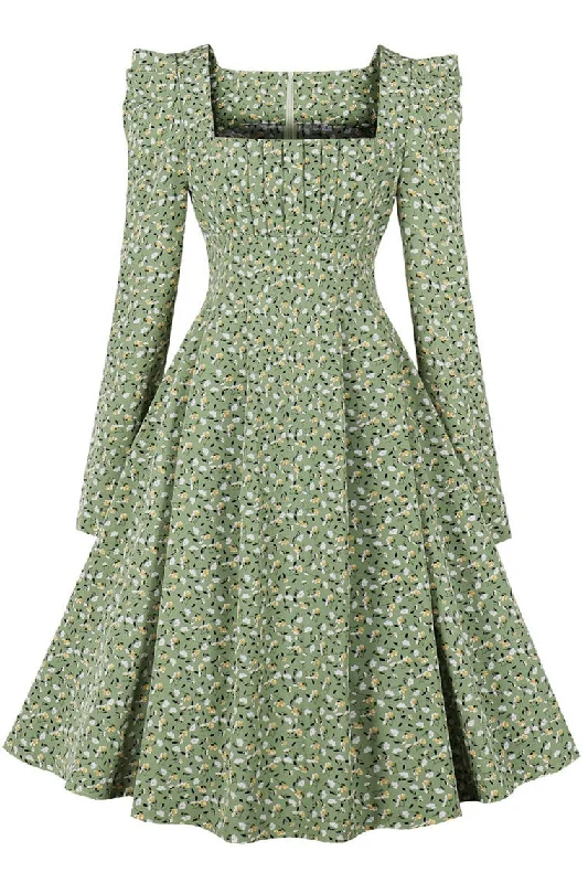 Clothes Women Vintage Green Print Square Neck Midi Dress