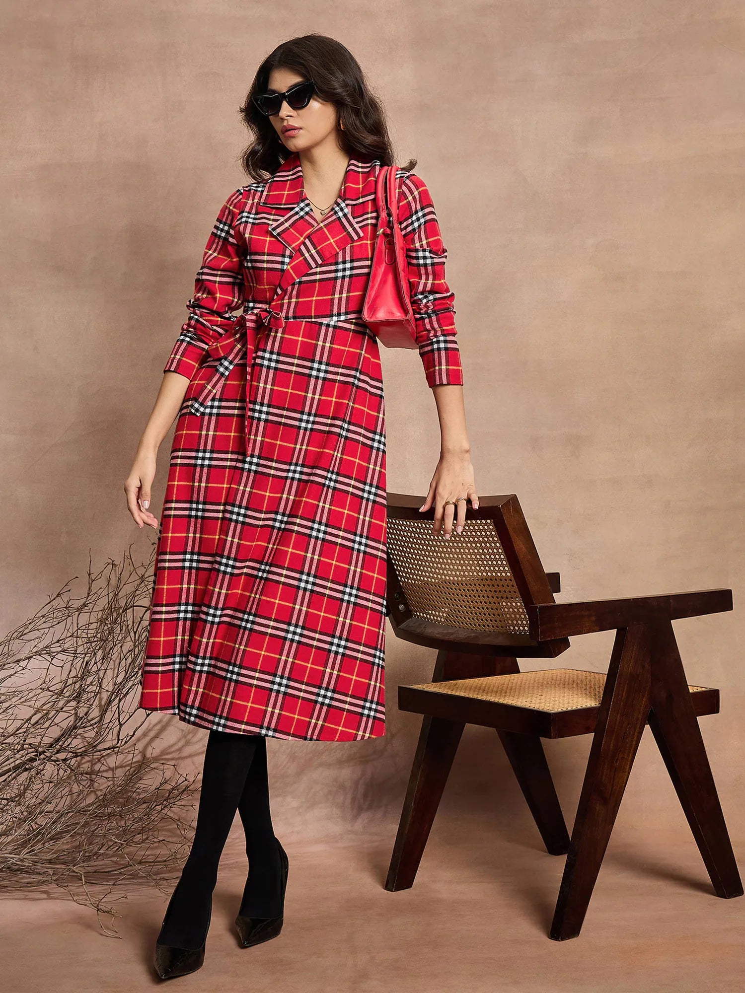 Trendy Urban Attire Women Red Check Wrap Tie-Up Midi Dress-SFDRSS12518