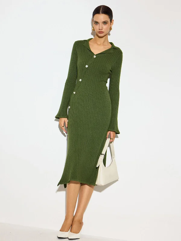 Latest Fashion V-Neck Lapel Sweater Midi Dress