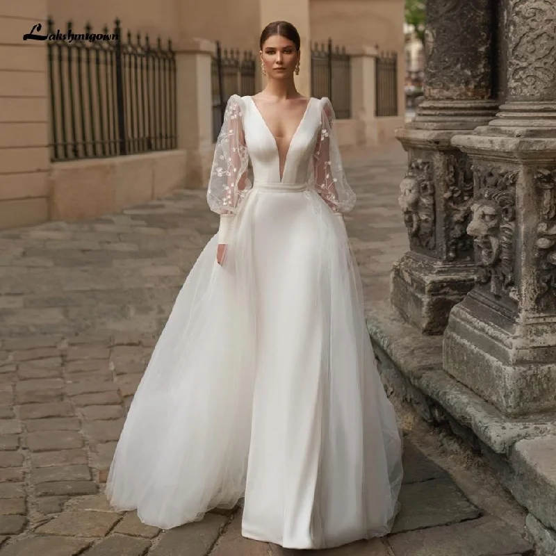 Casual Yet Stylish Separates Roycebridal Satin Wedding Dress Puffy Sleeves Sexy Birdal Princess