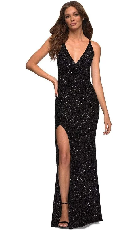 Trendy Urban Attire La Femme - 30376 Sequin Cowl V-Neck Gown