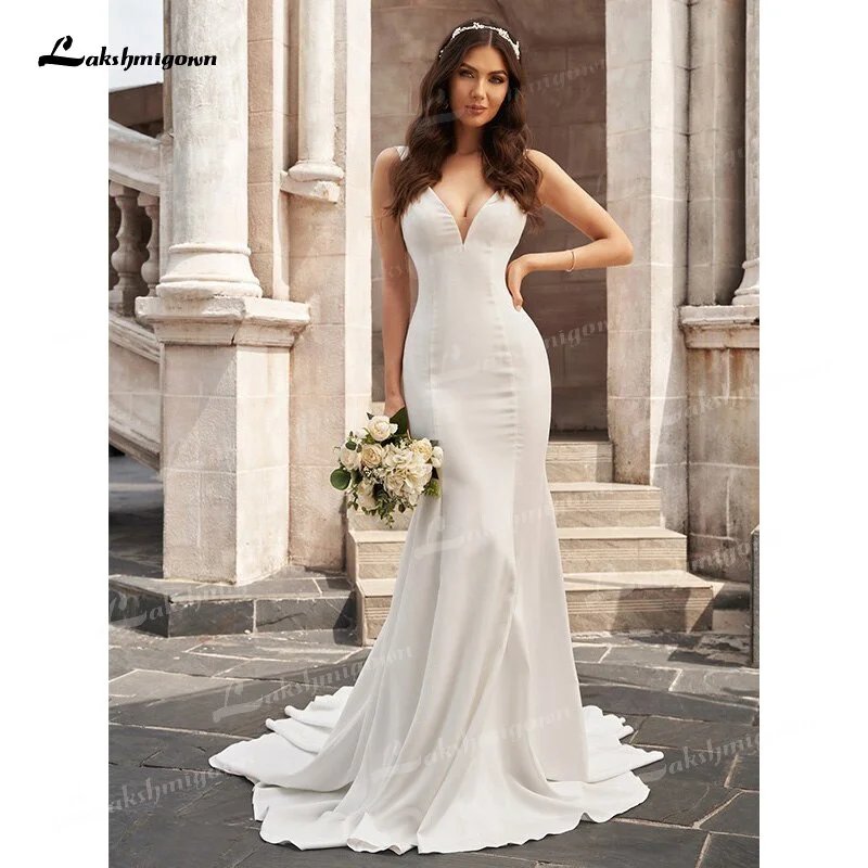 Hot Trends Roycebridal Sexy Elegant Mermaid Wedding Dresses Soft Satin Sleeveless Deep Scoop Court Train Floor-Length vestidos de novia