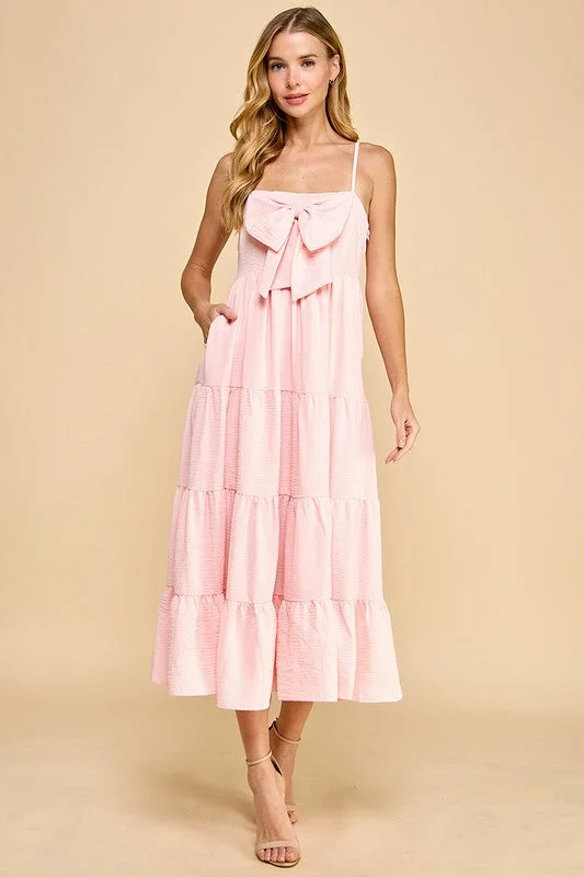 Trendy New Clothes Tiered Front Bow Accent Midi Dress