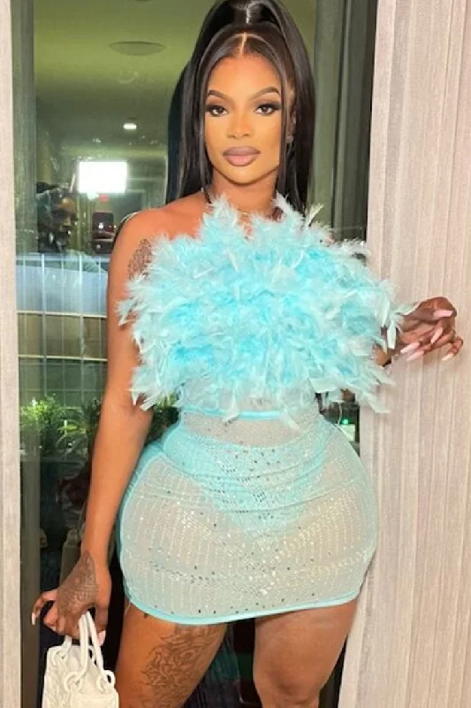 Flash Sales This Week Sexy Rhinestone Sheer Mesh Panel Feather Strapless Party Mini Dress - Lake Blue