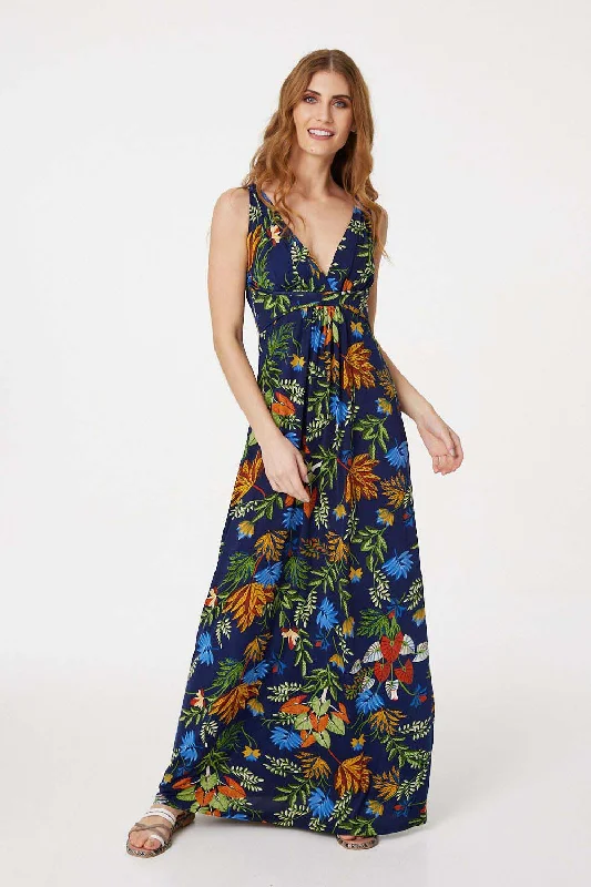 Athleisure Wear Special Offer Tropical Print Plunge Maxi Dress