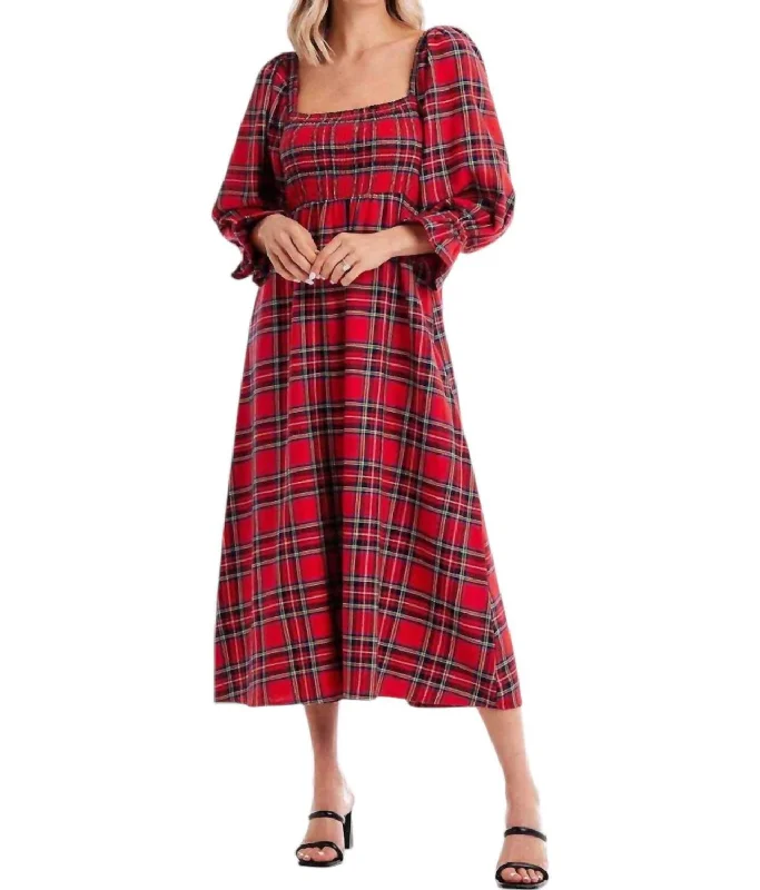 Limited Time Plaid Midi Dress In Red