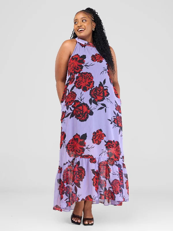 Season Transition Versatile Wear Clearance Vivo Halter Maxi Dress With Lining - Purple / Red Print