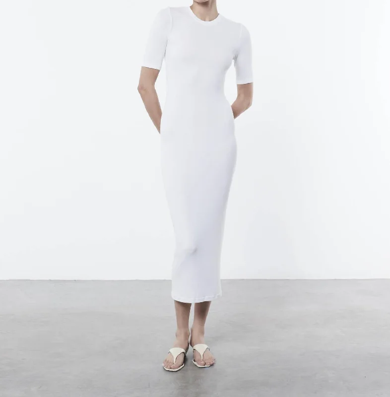 Trending Items Silk Rib Half Sleeve Midi Dress In White