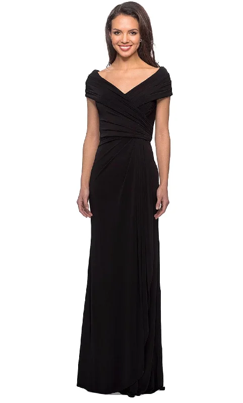 Eclectic Style Wardrobe La Femme - 26519 Off Shoulder V Neck Long Sheath Jersey Gown