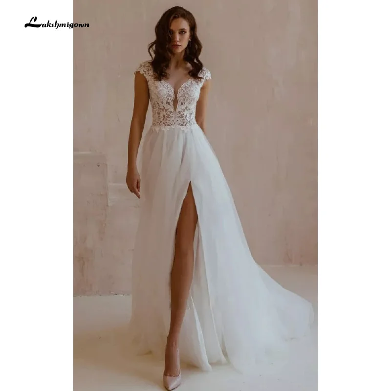 Elegant Styles Roycebridal Sexy Short Sleeve A Line Lace Tulle V-Neck Wedding Dress With Split Front boho chic lace Ivory White Bridal Gown abito da sposa