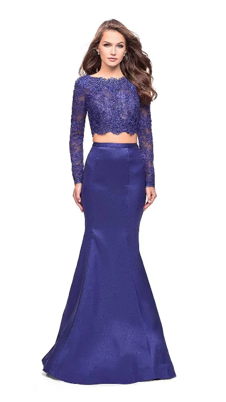 Trendy Women's Wear La Femme - 25324 Two-Piece Long Sleeve Lace Bodice Mikado Gown