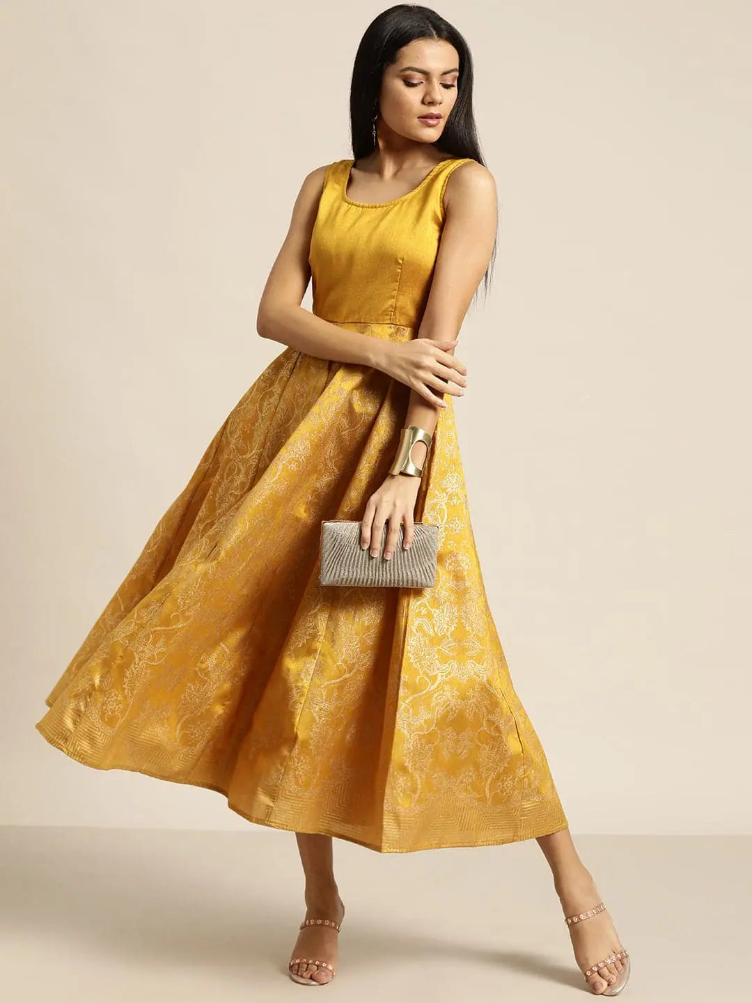 Fashion Forward Femininity Mustard Foil Print Sleeveless Anarkali Maxi Dress