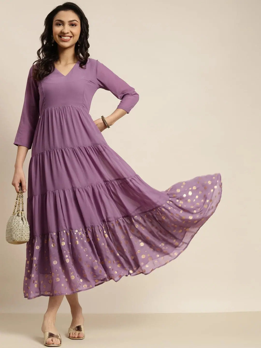 Elegant Attire For The Modern Lady Women Purple Foil Print Tiered Maxi Dress