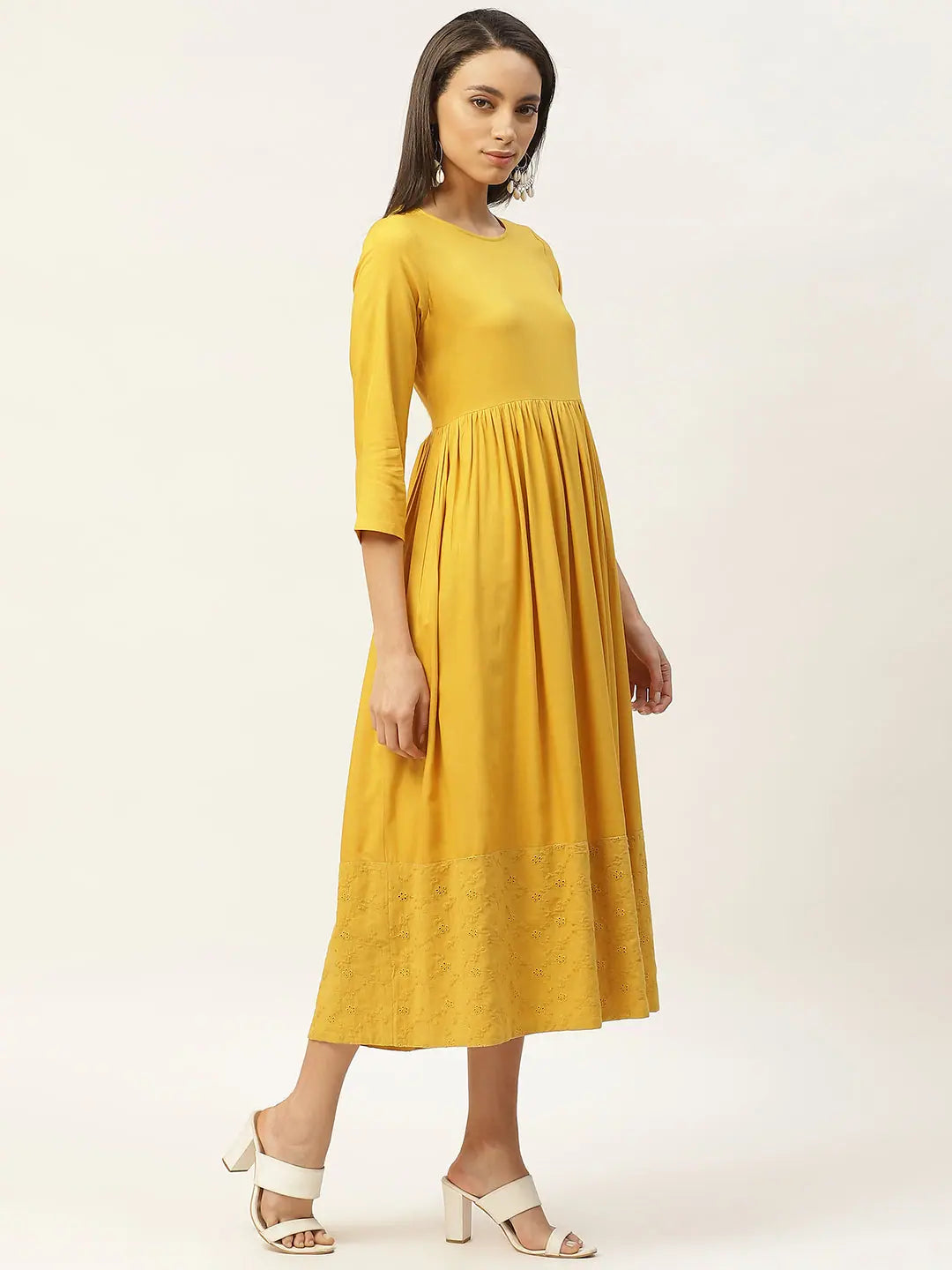 Style Revolution Mustard Schiffli Gathered Midi Dress