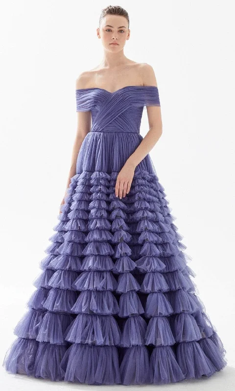 Trending Items Tarik Ediz 98306 - Off Shoulder Tiered Tulle Evening Gown