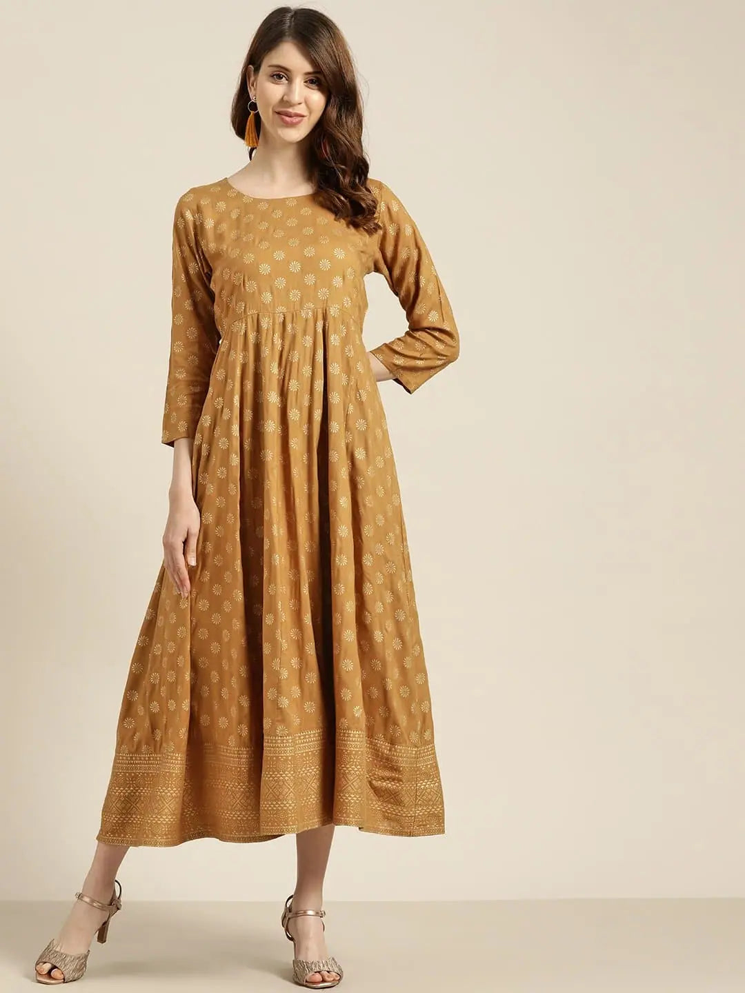 Innovate Your Wardrobe Mustard Foil Print Anarkali Maxi Dress