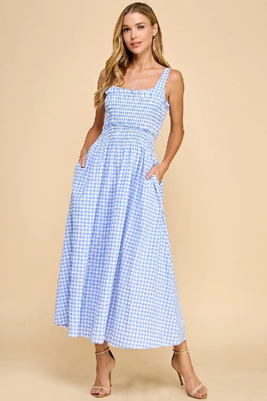 Explore What's New Gingham Smocked Bodice Midi Dress